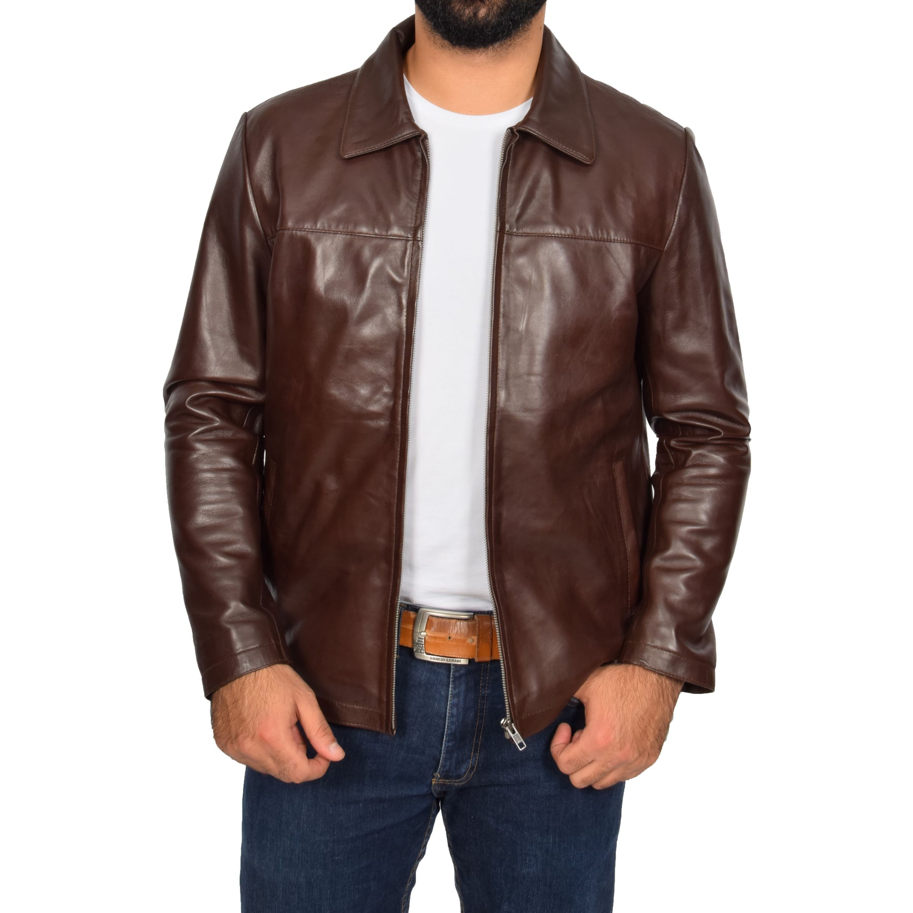 Mens Classic Zip Fasten Box Leather Jacket Brown A1 Fashion Goods