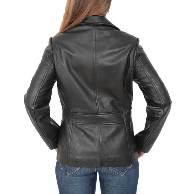 Ladies Leather Blazer Coat Fitted Classic Hip Length Jacket Judy Black Back