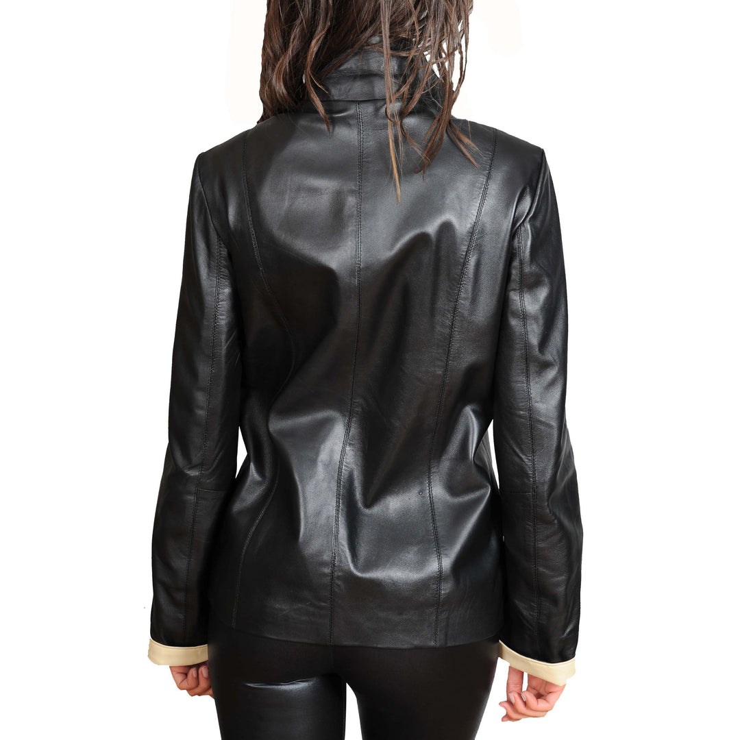 Womens Soft Leather Blazer Beige Trim Jacket Black A1 Fashion Goods