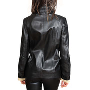 Womens Soft Leather Blazer Hip Length Beige Trim Jacket Maggie Black Back