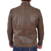Mens Biker Leather Jacket Timber Brown Soft Nappa Fitted Standing Collar Tats Back