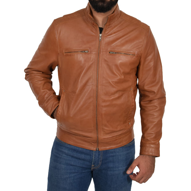 Mens Genuine Leather Biker Jacket Fitted Zip Up Coat Felix Tan