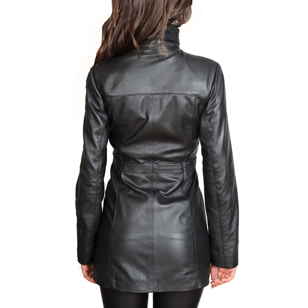 Womens 3/4 Long Zip Fasten Leather Jacket Carol Black back view