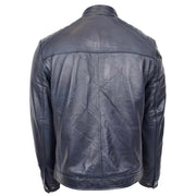 Mens Soft Real Leather Biker Style Jacket Band Collar Zip Fasten ASHER Navy 2