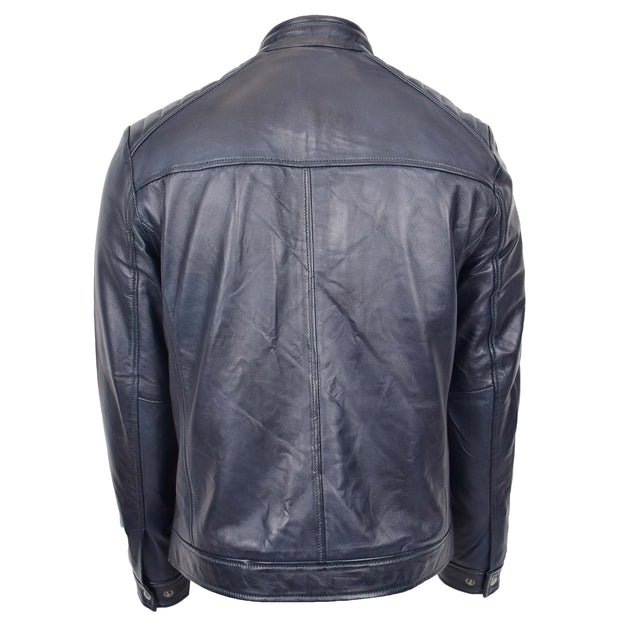 Mens Soft Real Leather Biker Style Jacket Band Collar Zip Fasten ASHER Navy 2