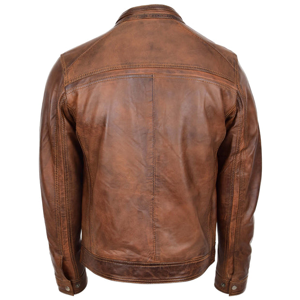 Mens Leather Biker Jacket Vintage Band Collar Fitted CALVIN Antique Brown 2