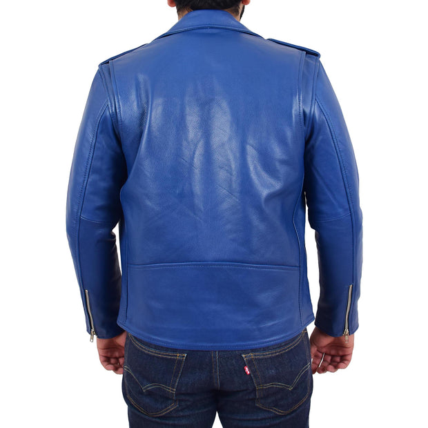 Genuine Cowhide Biker Jacket Heavy Duty Leather Brando Retro Coat Rock Blue Back