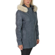Womens Duffle Leather Coat Detachable Hood 3/4 Long Parka Jacket Mila Sky Blue Front 1