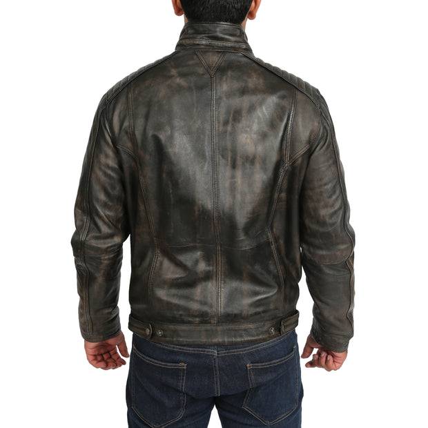 Mens Fitted Washed Biker Vintage Leather Aron Rub Off Back