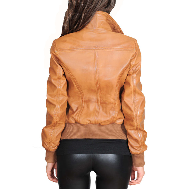 Womens Slim Fit Bomber Leather Jacket Cameron Tan Back