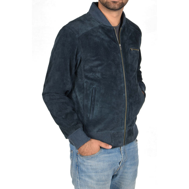 Mens Genuine Suede Bomber Jacket Roco Blue Front