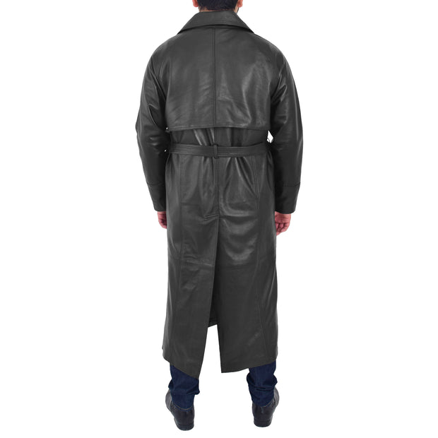 Mens Full Length Leather Coat Black Long Trench Overcoat Terry Back