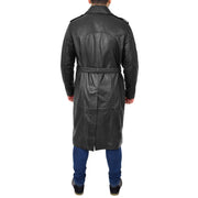 Mens Trench Leather Coat 3/4 Long Black Reefer Overcoat Sherlock Back