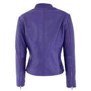 Womens Fitted Leather Biker Jacket Casual Zip Up Coat Jenny Purple Back