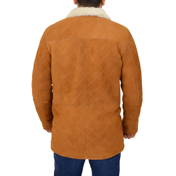 Mens Genuine Sheepskin Jacket Shearling 3/4 Long Coat Hank Cognac Back