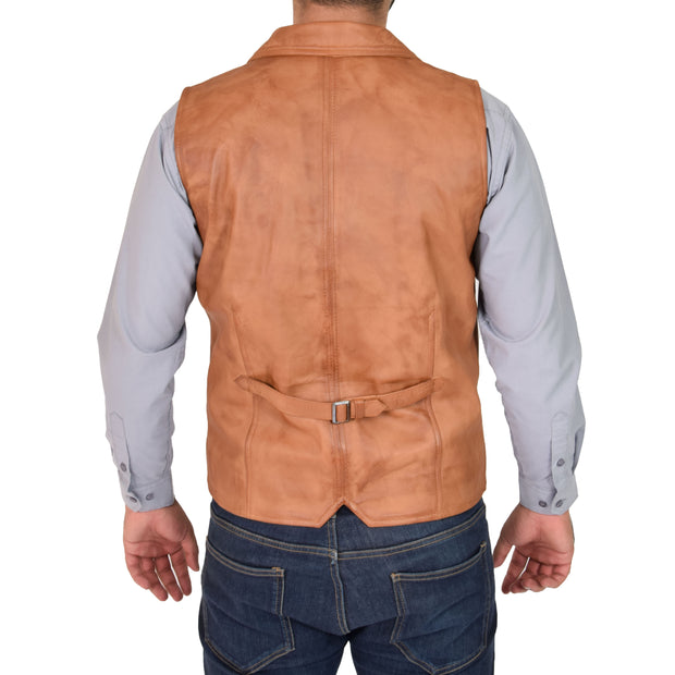 Mens Genuine Soft Leather Waistcoat Western Vest Yelek Rhys Tan Back