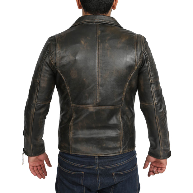 Mens Real Leather Biker Jacket Vintage Black Rub Off Slim Fit Coat Max Back