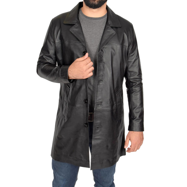 Mens 3/4 Long Leather Coat Classic Trench Overcoat Jones Black Open