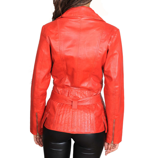 Womens Fitted Mid Length Biker Leather Jacket Hannah Red Back
