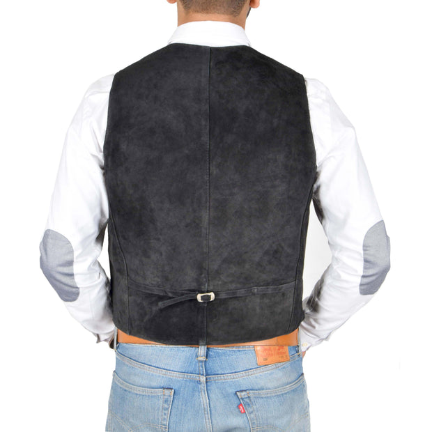 Mens Real Suede Leather Waistcoat Classic Vest Gilet Cole Black Back