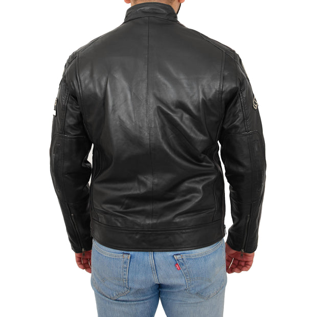 Mens BLACK Leather Biker Jacket Slim Fit Motor Sports Badges Coat Wayne Back