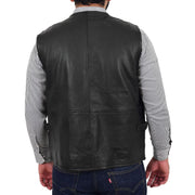 Mens Real Black Soft Leather Fisherman Waistcoat Multi Pockets Gilet Curt Back