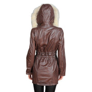 Womens Duffle Leather Coat Detachable Hood 3/4 Long Parka Jacket Mila Brown Back