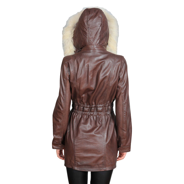 Womens Duffle Leather Coat Detachable Hood 3/4 Long Parka Jacket Mila Brown Back