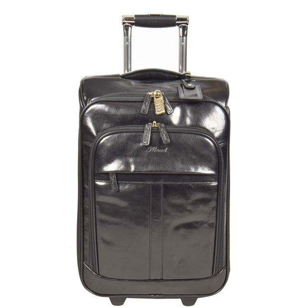 Real Leather Suitcase Cabin Trolley Hand Luggage A0518 Black Front