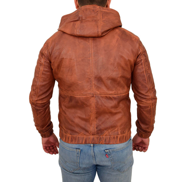 Mens Real Tan Leather Bomber Hoodie Jacket Sports Fitted Two Tone Coat Kent Back