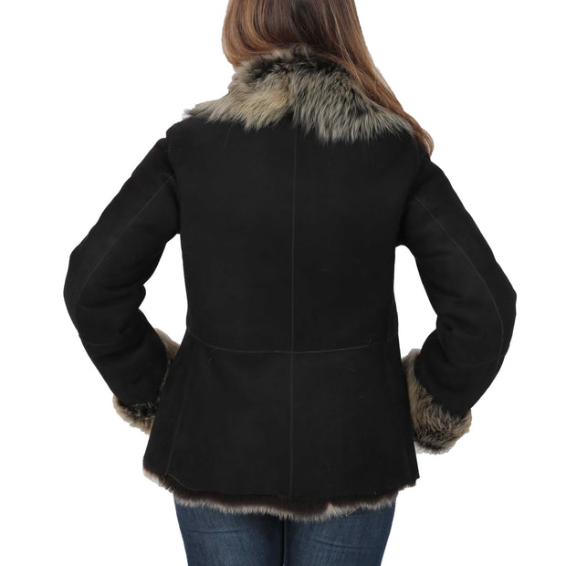 Womens Fitted Genuine Toscana Real Sheepskin Coat Pearl Black Back