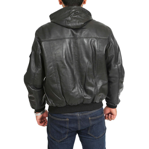 Mens Hooded Bomber Leather Jacket Seth Black back view