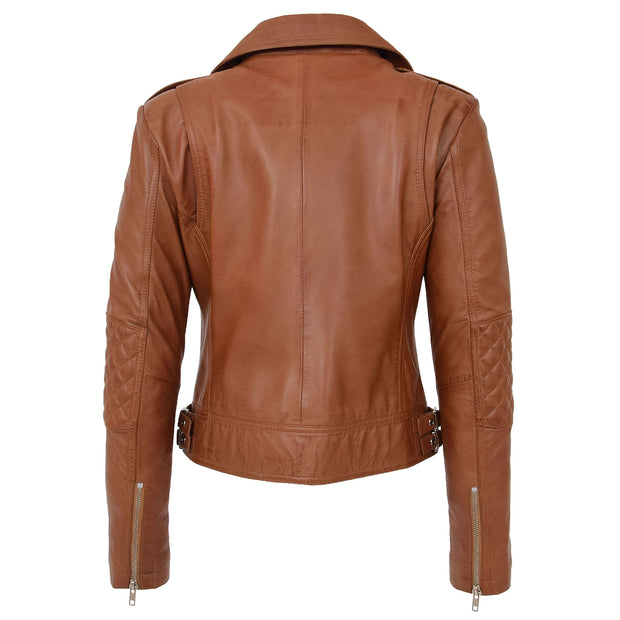 Womens Short Fitted Cognac Biker Style Real Leather Jacket Ayla Back