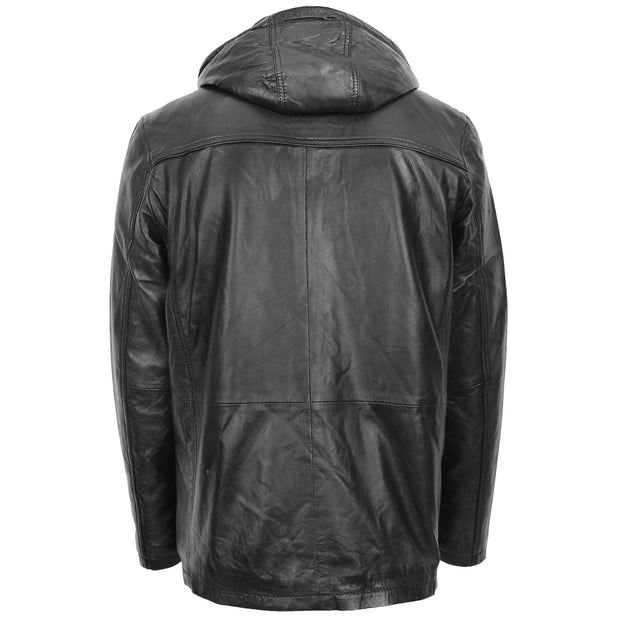 Mens Soft Leather Parka With Hood 3/4 Long Coat DAVE Black 2 
