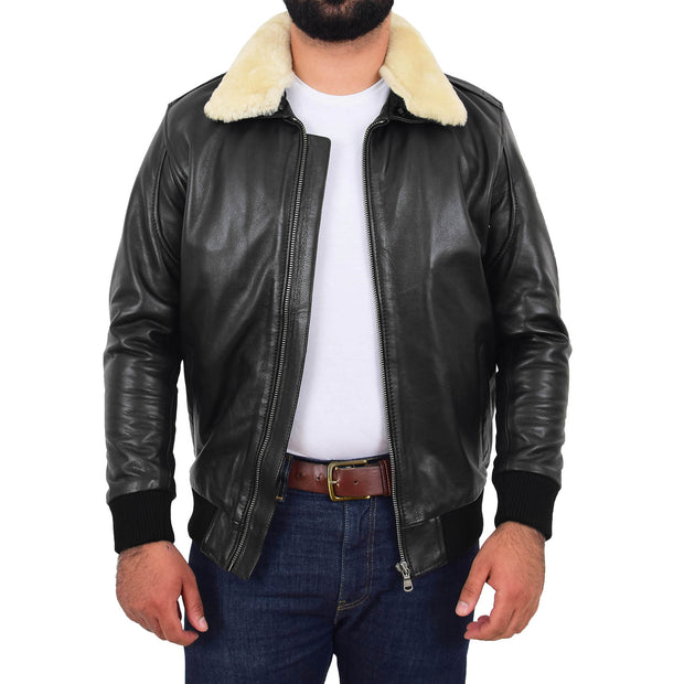 Mens Genuine Cowhide Pilot Leather Jacket Sheepskin Collar Bomber Dylan Black