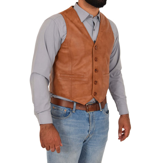 Mens Full Leather Waistcoat Gilet Traditional Smart Vest King Tan