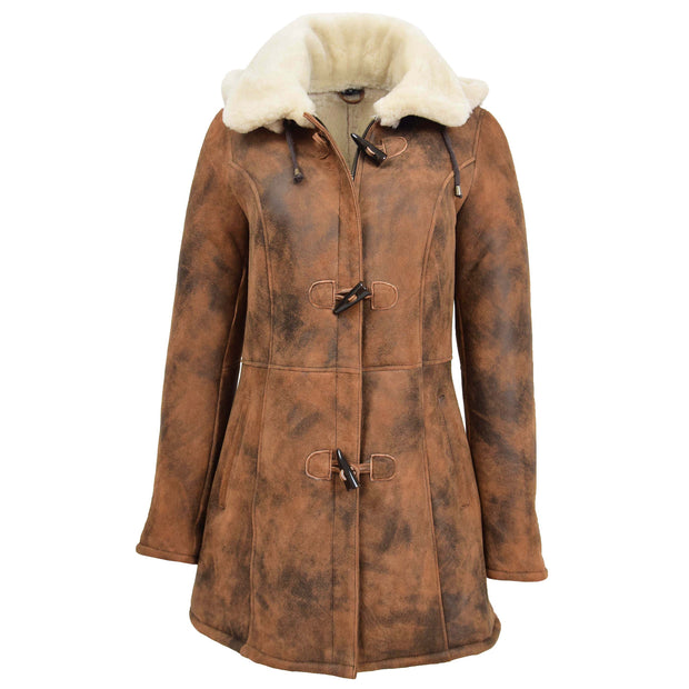 Womens Real Sheepskin Duffle Coat Hooded Shearling Jacket Armas Cognac Front 2