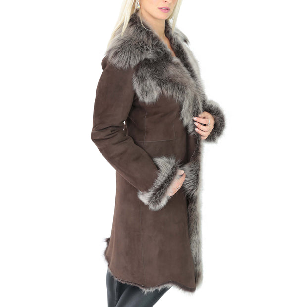 Womens Luxurious Toscana Long Coat Real Sheepskin Pamela Brown Side
