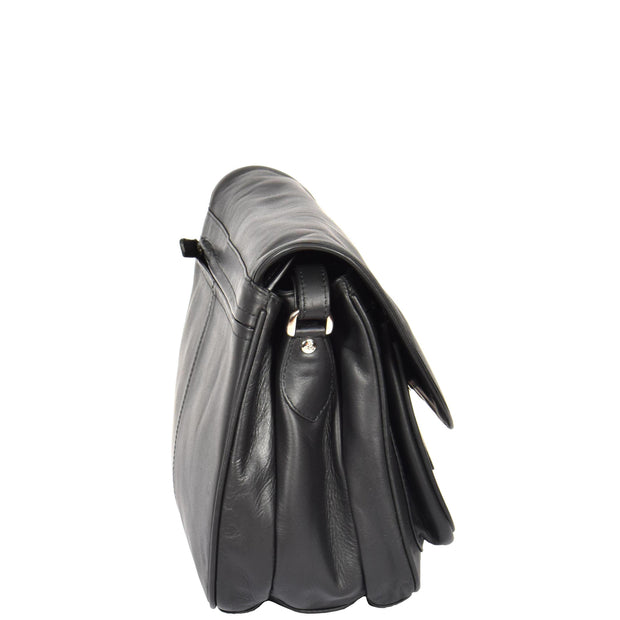 Womens Soft BLACK Leather Multi Zip Pockets Shoulder Bag A95 side