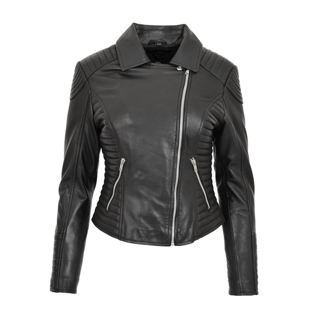 Womens Designer Leather Biker Jacket Fitted Quilted Coat Bonita Black Front