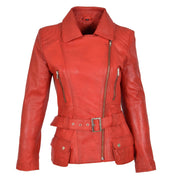 Womens Biker Leather Jacket Slim Fit Cut Hip Length Coat Coco Red Front 3