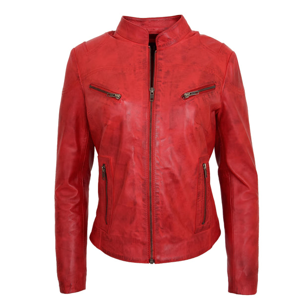 Womens Fitted Leather Biker Jacket Casual Zip Up Coat Jenny Red Front