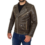 Mens Distressed Leather Biker Jacket Brown Vintage Rub Off Lex