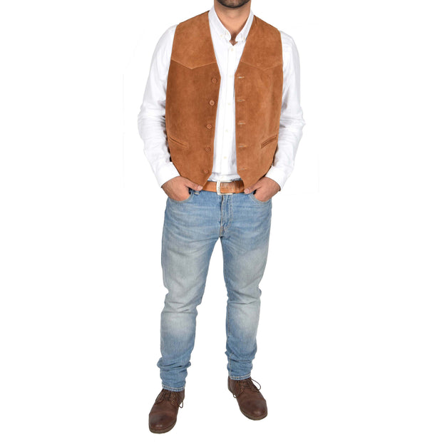 Mens Real Suede Leather Waistcoat Classic Vest Gilet Cole Tan Full