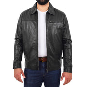 Mens Leather Jacket Genuine Soft Black Zip Fasten Box Style Sean Open 1