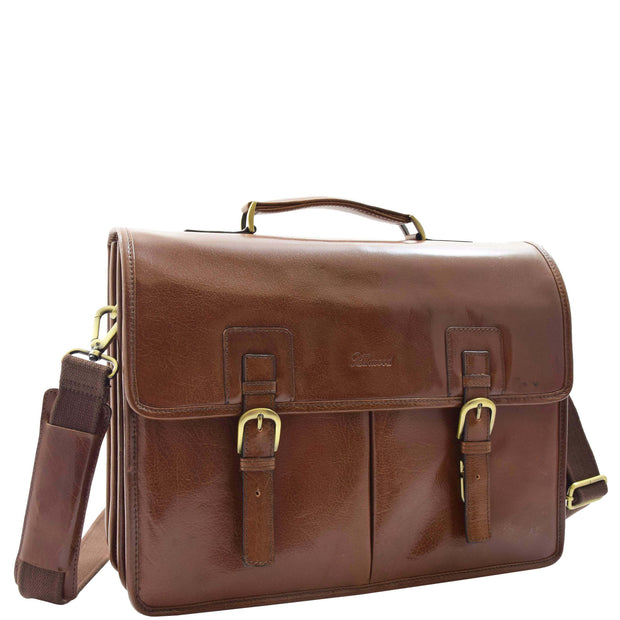 Mens Italian Chestnut Leather Briefcase Expandable Office Bag Laptop Case - Thomas