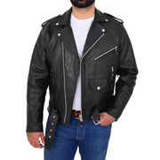 Mens Black Cowhide Biker Jacket With Leather Fringes Belt Tasselled Coat Bill Open 3