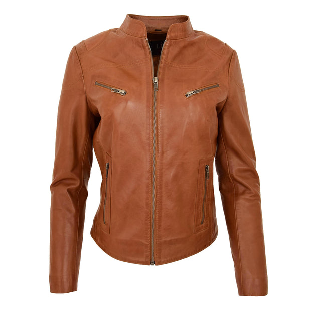 Womens Fitted Leather Biker Jacket Casual Zip Up Coat Jenny Tan Front