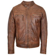 Mens Leather Biker Jacket Vintage Band Collar Fitted CALVIN Antique Brown 3