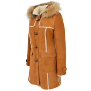 Womens Genuine Sheepskin Duffle Coat Hooded Shearling Jacket Evie Tan Front Angle 1